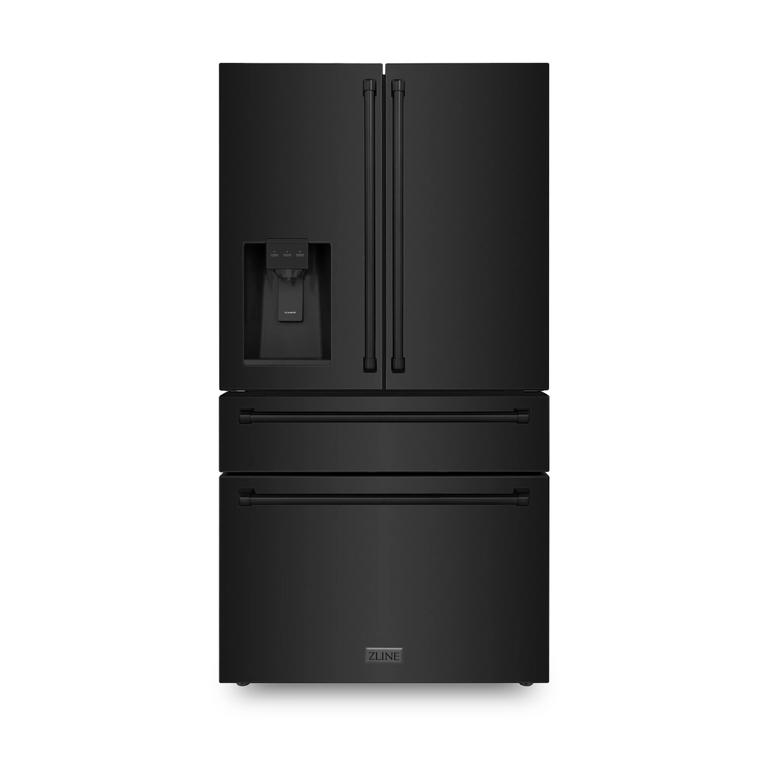 ZLINE Package - 30" Dual Fuel Range, Microwave, Range Hood, Refrigerator With Water And Ice Dispenser, Dishwasher in Black Stainless Steel