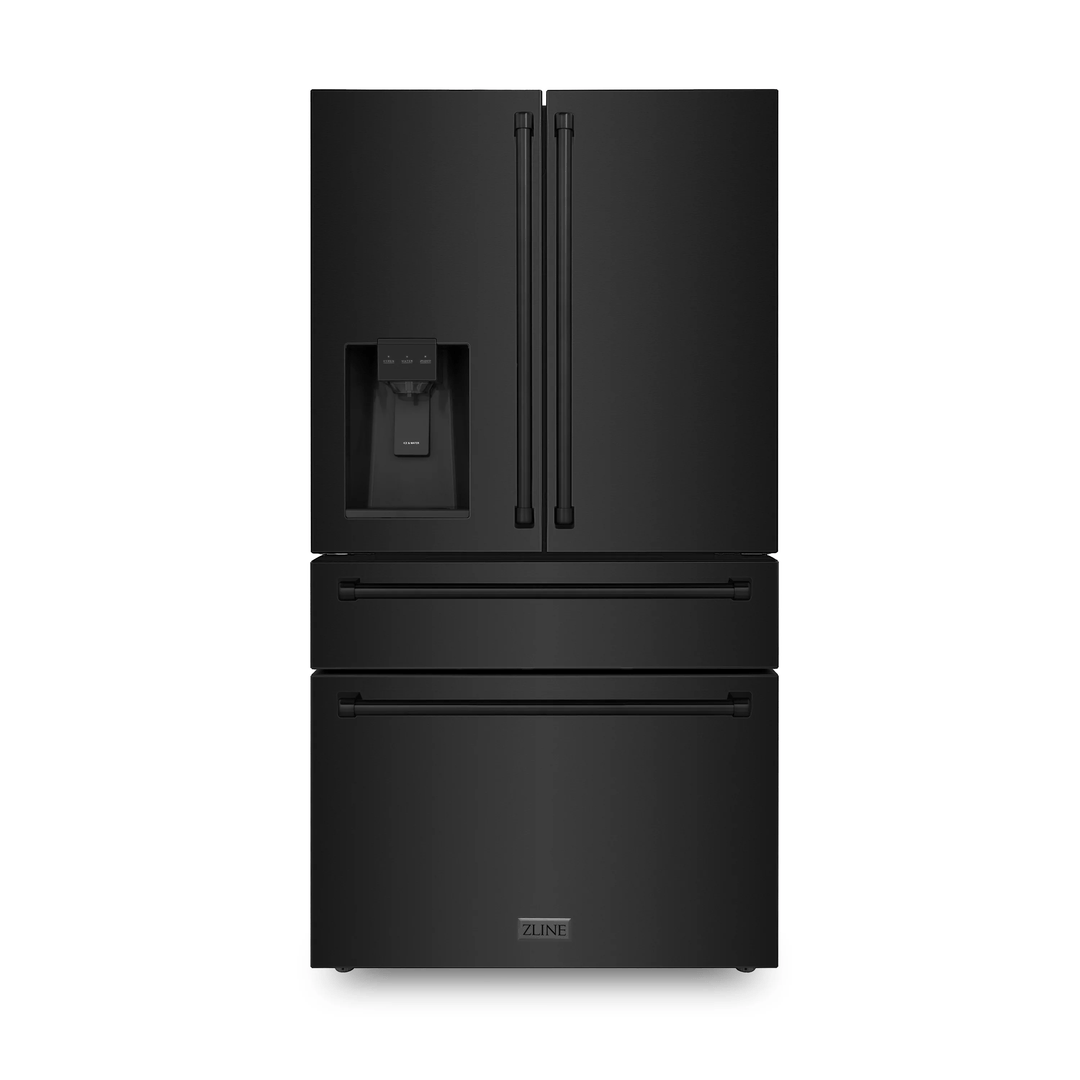 ZLINE Package - 48" Dual Fuel Range, Hood, Refrigerator with Water & Ice Dispenser, Dishwasher and Microwave in Black Stainless