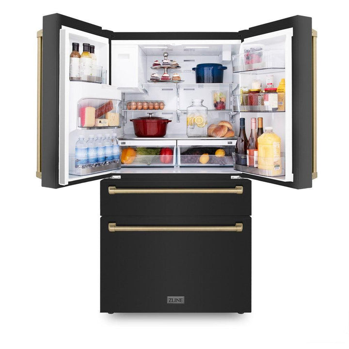 ZLINE Autograph Edition 48 in. Kitchen Package with Black Stainless Steel Dual Fuel Range, Range Hood, Dishwasher and Refrigerator with Champagne Bronze Accents (4AKPR-RABRHDWV48-CB)