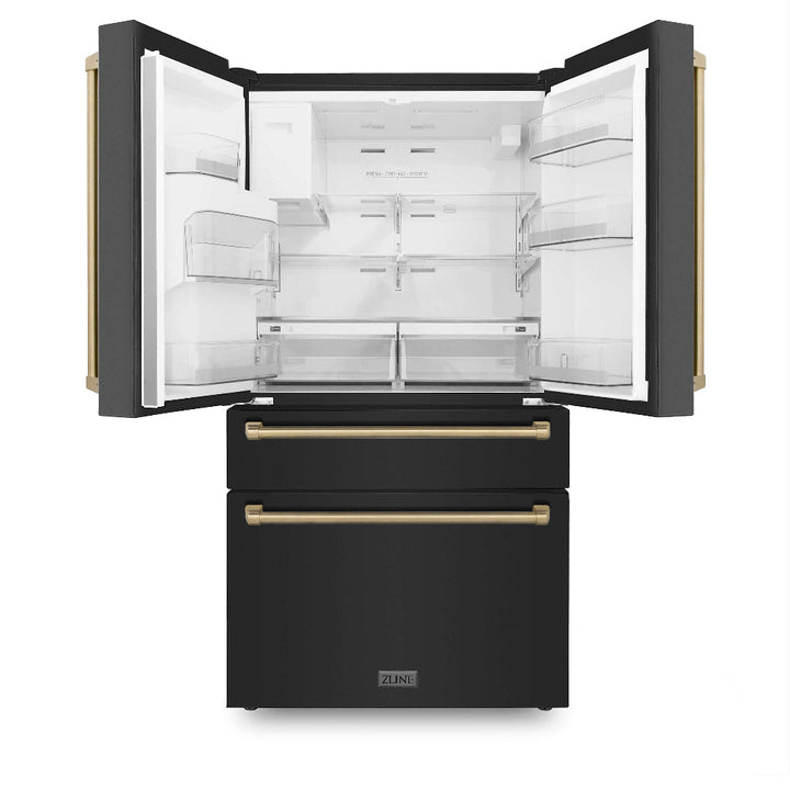 ZLINE Autograph Edition 36 in. 21.6 cu. ft Counter-Depth French Door Refrigerator with Water and Ice Dispenser in Fingerprint-Resistant Black Stainless Steel with Champagne Bronze Traditional Handles (RFMZ-W-36-BS-CB)