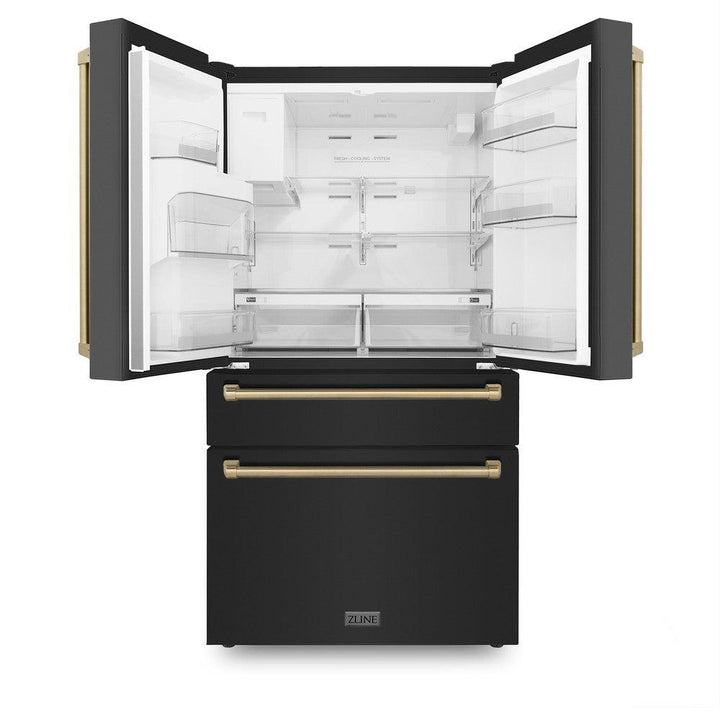 ZLINE Autograph Edition 48 in. Kitchen Package with Black Stainless Steel Dual Fuel Range, Range Hood, Dishwasher and Refrigerator with Champagne Bronze Accents (4AKPR-RABRHDWV48-CB)