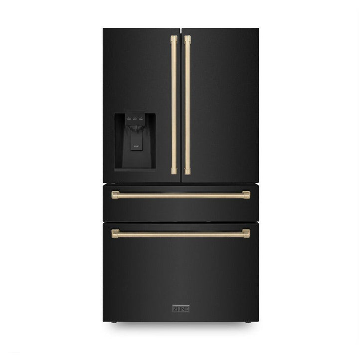 ZLINE Autograph Edition 48 in. Kitchen Package with Black Stainless Steel Dual Fuel Range, Range Hood, Dishwasher and Refrigerator with Champagne Bronze Accents (4AKPR-RABRHDWV48-CB)