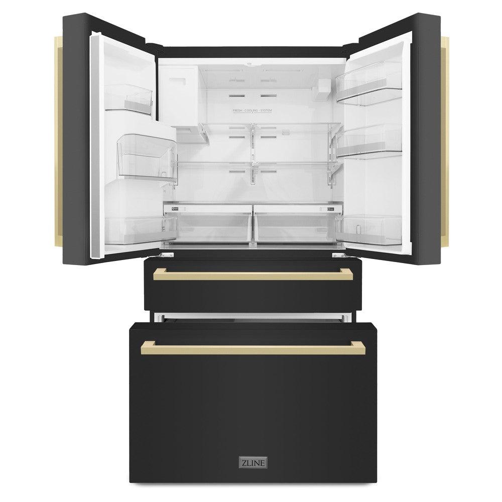 ZLINE 36" Autograph Refrigerator with Water and Ice Dispenser in Black with Champagne Bronze Square Handles, RFMZ-W36-BS-FCB