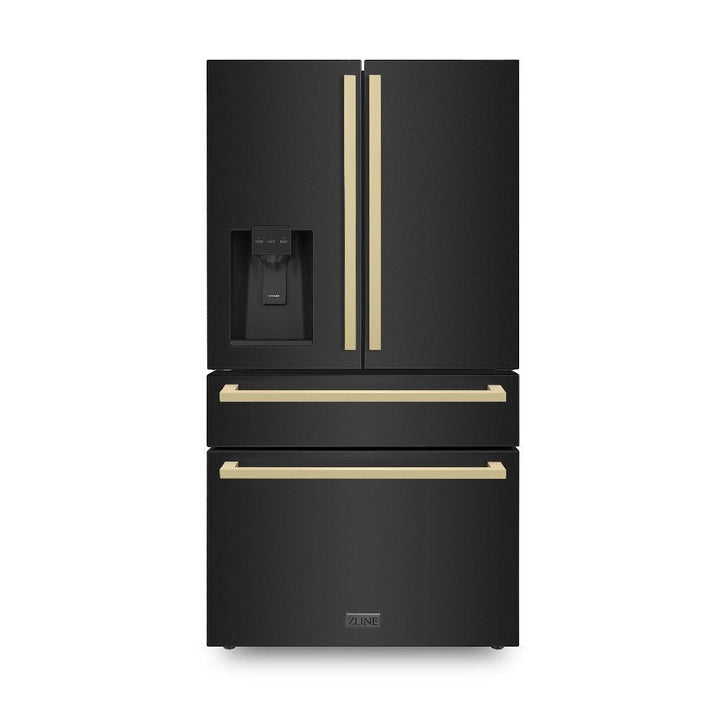 ZLINE 36" Autograph Refrigerator with Water and Ice Dispenser in Black with Champagne Bronze Square Handles, RFMZ-W36-BS-FCB