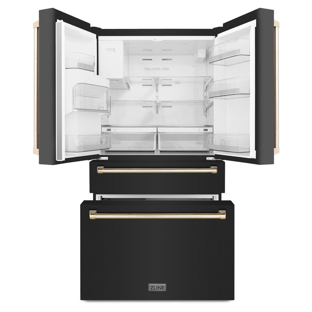 ZLINE 36 In. Autograph Refrigerator with Water and Ice Dispenser in Black with Gold Handles, RFMZ-W-36-BS-G