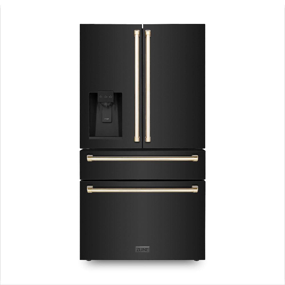 ZLINE Autograph Edition 30 in. Kitchen Package with Black Stainless Steel Dual Fuel Range, Range Hood, Dishwasher, and Refrigerator with External Water Dispenser with Polished Gold Accents (4AKPR-RABRHDWV30-G)