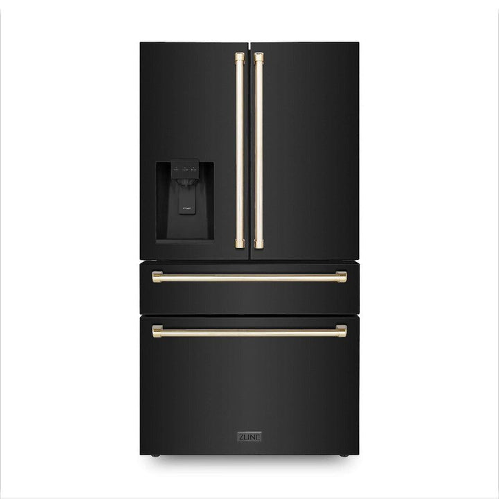 ZLINE Autograph Edition 30 in. Kitchen Package with Black Stainless Steel Dual Fuel Range, Range Hood, Dishwasher, and Refrigerator with External Water Dispenser with Polished Gold Accents (4AKPR-RABRHDWV30-G)