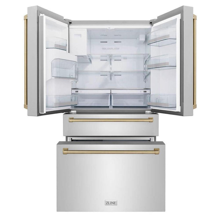 ZLINE Autograph Edition 36 in. 21.6 cu. ft. Counter-Depth French Door Refrigerator with Water and Ice Dispenser in Fingerprint-Resistant Stainless Steel with Champagne Bronze Traditional Handles (RFMZ-W-36-CB)