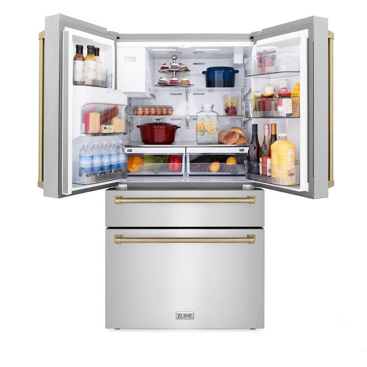 ZLINE Autograph Edition 36 in. Kitchen Package with Stainless Steel Dual Fuel Range, Range Hood, Dishwasher and Refrigerator Including External Water Dispenser with Champagne Bronze Accents (4AKPR-RARHDWM36-CB)