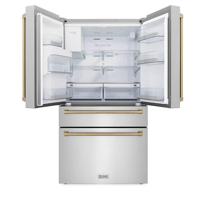 ZLINE Autograph Edition 36 in. Kitchen Package with Stainless Steel Dual Fuel Range, Range Hood, Dishwasher and Refrigerator Including External Water Dispenser with Champagne Bronze Accents (4AKPR-RARHDWM36-CB)