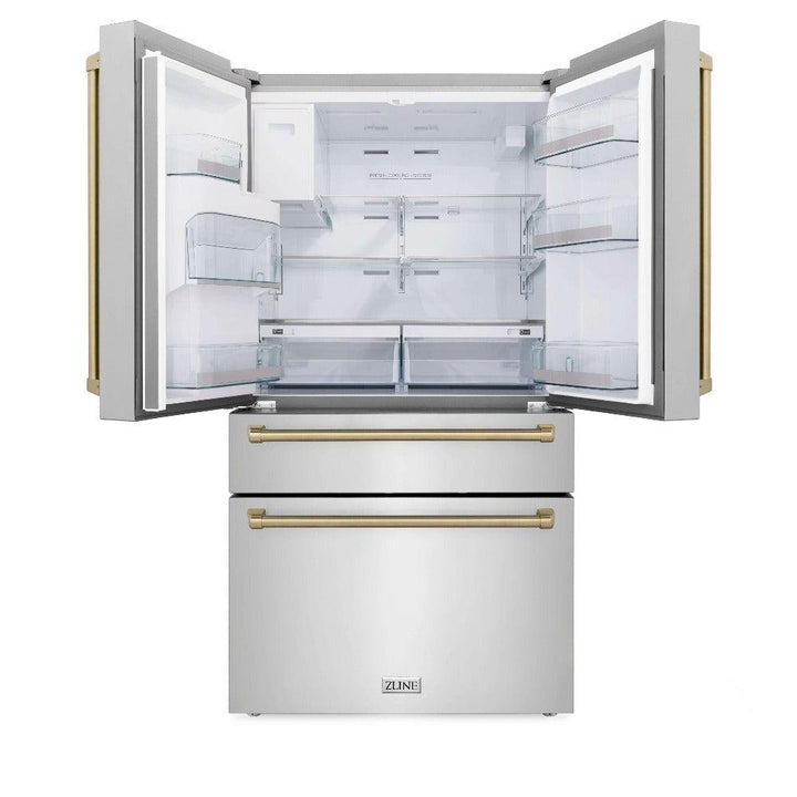 ZLINE Autograph Edition 30 in. Kitchen Package with Stainless Steel Dual Fuel Range, Range Hood, Dishwasher, and Refrigerator with External Water Dispenser with Champagne Bronze Accents (4AKPR-RARHDWM30-CB)