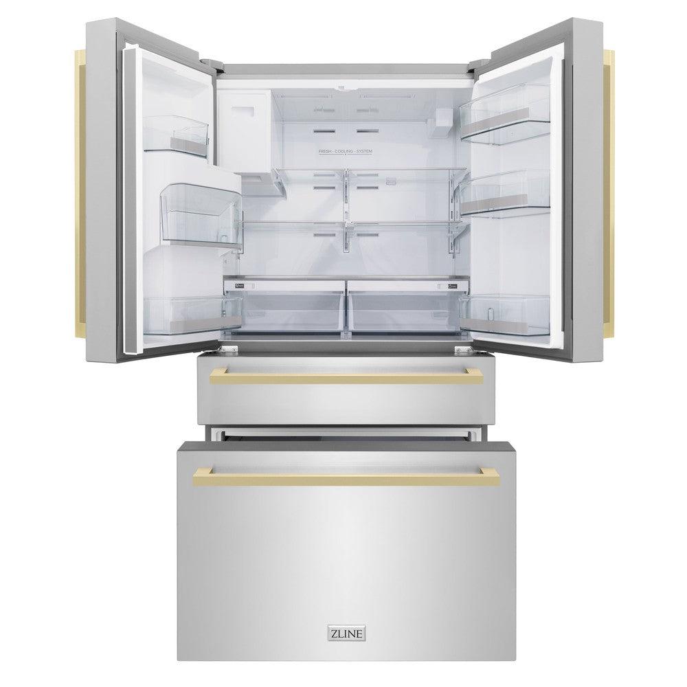 ZLINE Autograph Edition 36 in. 21.6 cu. ft. Counter-Depth French Door Refrigerator with Water and Ice Dispenser in Fingerprint-Resistant Stainless Steel with Champagne Bronze Modern Handles (RFMZ-W-36-FCB)