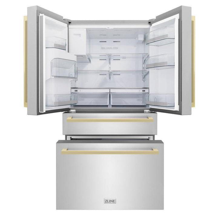 ZLINE Autograph Edition 36 in. 21.6 cu. ft. Counter-Depth French Door Refrigerator with Water and Ice Dispenser in Fingerprint-Resistant Stainless Steel with Champagne Bronze Modern Handles (RFMZ-W-36-FCB)