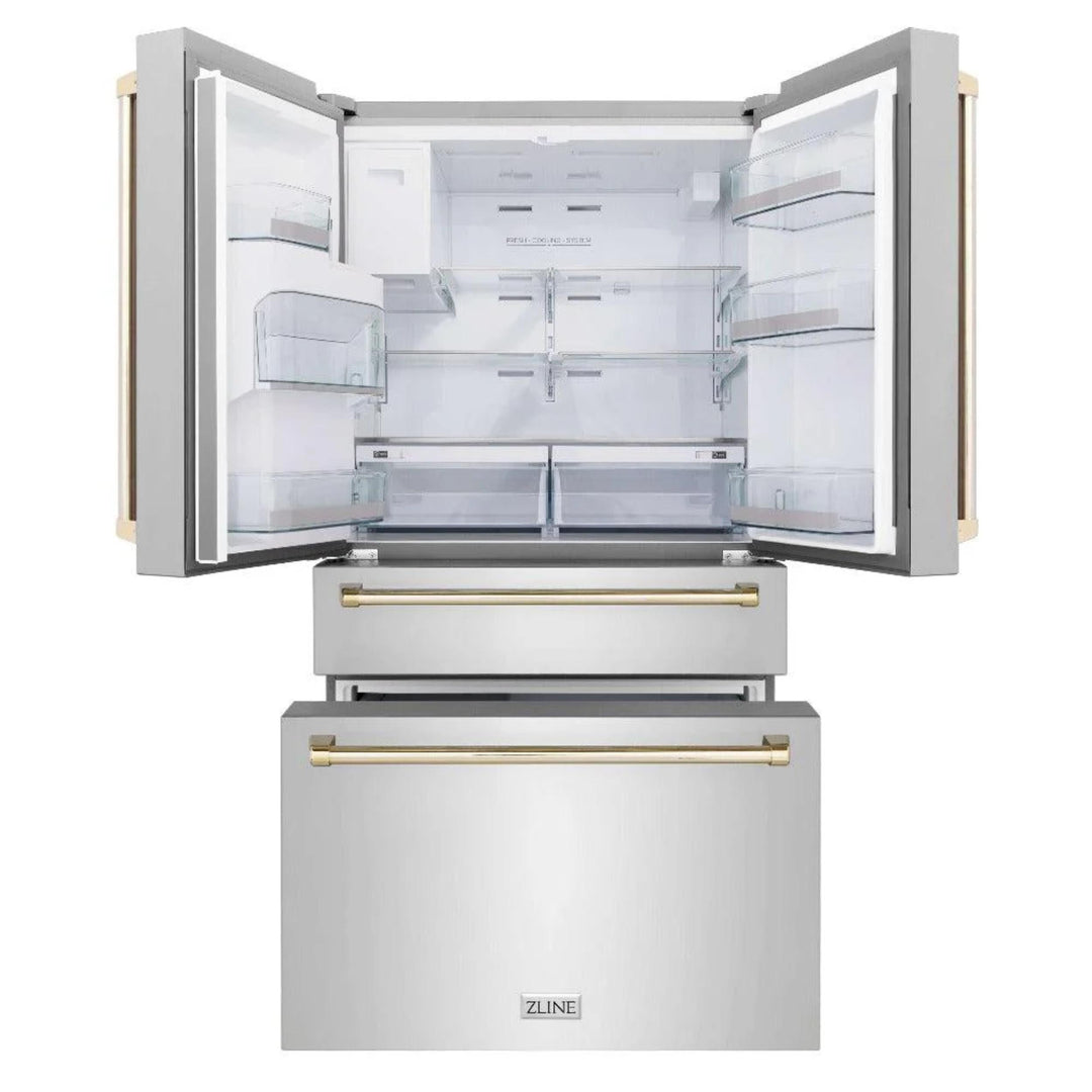 ZLINE Autograph Edition 30", 36", &amp; 48" Stainless Steel 4-Piece Kitchen Package with Polished Gold Accents—Dual Fuel Range, Wall Mount Range Hood, Dishwasher, and Refrigerator.
