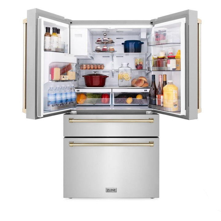 ZLINE Autograph Edition 36 in. Kitchen Package with Stainless Steel Dual Fuel Range, Range Hood, Dishwasher and Refrigerator Including External Water Dispenser with Polished Gold Accents (4AKPR-RARHDWM36-G)