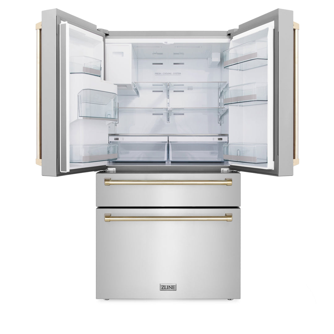 ZLINE 36" Autograph Edition Counter-Depth French Door Refrigerator with Water and Ice Dispenser in Fingerprint-Resistant Stainless Steel with Polished Gold Traditional Handles