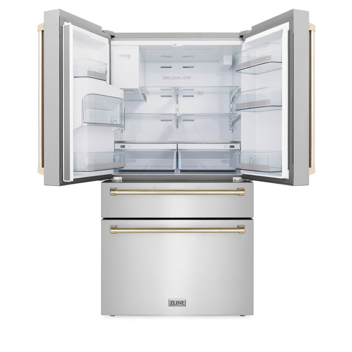 ZLINE 36" Autograph Edition Counter-Depth French Door Refrigerator with Water and Ice Dispenser in Fingerprint-Resistant Stainless Steel with Polished Gold Traditional Handles