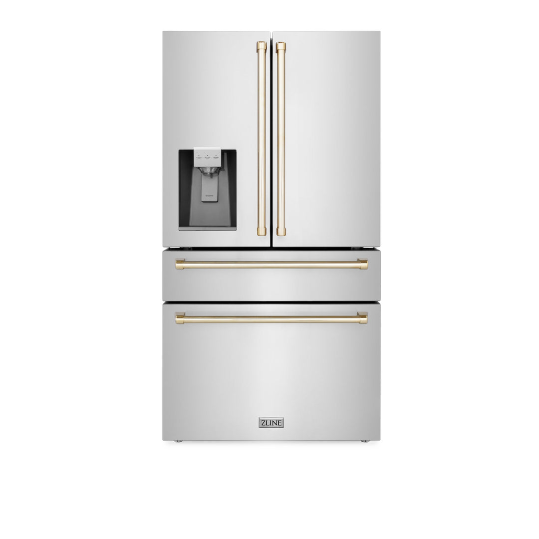ZLINE 36" Autograph Edition Counter-Depth French Door Refrigerator with Water and Ice Dispenser in Fingerprint-Resistant Stainless Steel with Polished Gold Traditional Handles