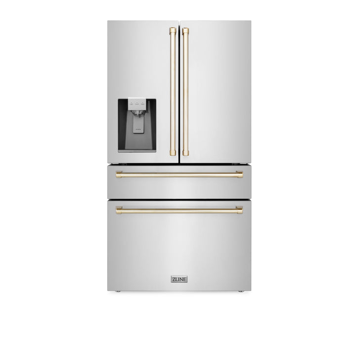 ZLINE 36" Autograph Edition Counter-Depth French Door Refrigerator with Water and Ice Dispenser in Fingerprint-Resistant Stainless Steel with Polished Gold Traditional Handles