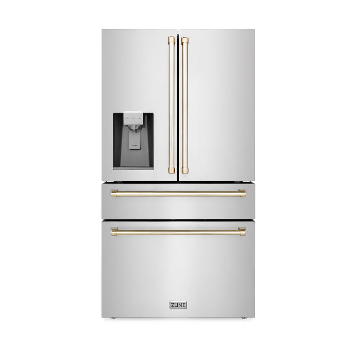 ZLINE 36" Autograph Edition Counter-Depth French Door Refrigerator with Water and Ice Dispenser in Fingerprint-Resistant Stainless Steel with Polished Gold Traditional Handles