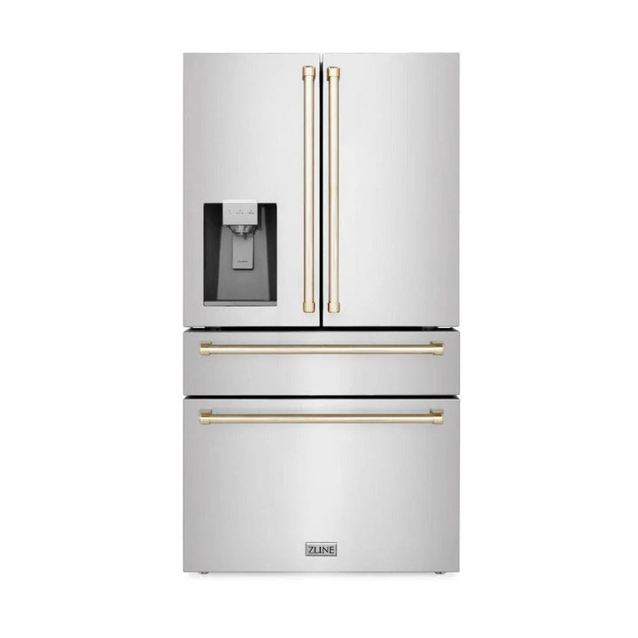 ZLINE Autograph Edition 30", 36", &amp; 48" Stainless Steel 4-Piece Kitchen Package with Polished Gold Accents—Dual Fuel Range, Wall Mount Range Hood, Dishwasher, and Refrigerator.