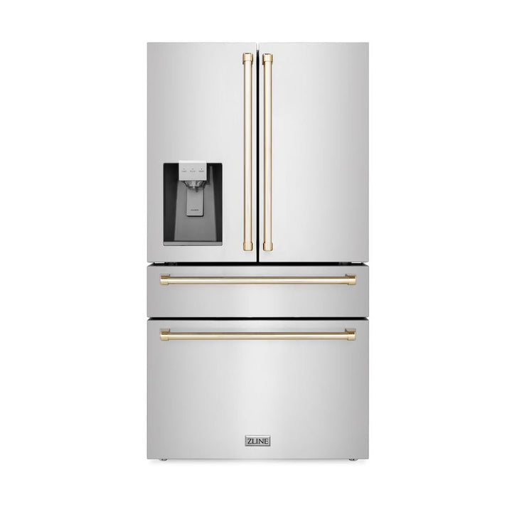 ZLINE Autograph Edition 36 in. Kitchen Package with Stainless Steel Dual Fuel Range, Range Hood, Dishwasher and Refrigerator Including External Water Dispenser with Polished Gold Accents (4AKPR-RARHDWM36-G)