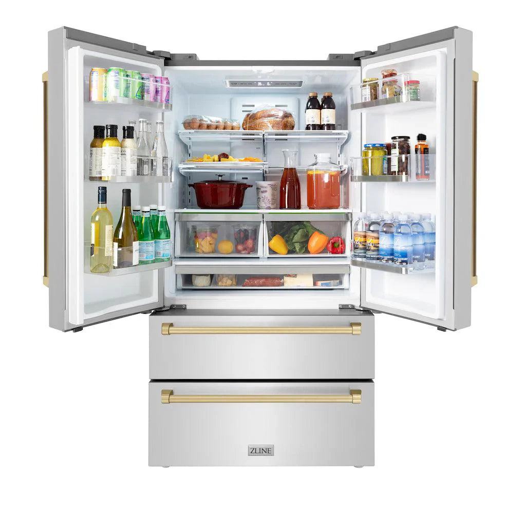 ZLINE 36 In. Autograph 22.5 cu. ft. Refrigerator with Ice Maker in Fingerprint Resistant Stainless Steel and Champagne Bronze Accents, RFMZ-36-CB