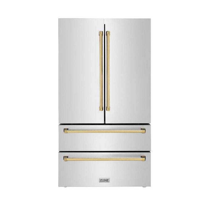 ZLINE Autograph Edition 36 in. 22.5 cu. ft. Counter-Depth French Door Refrigerator with Ice Maker in Fingerprint-Resistant Stainless Steel with Polished Gold Traditional Handles (RFMZ-36-G)