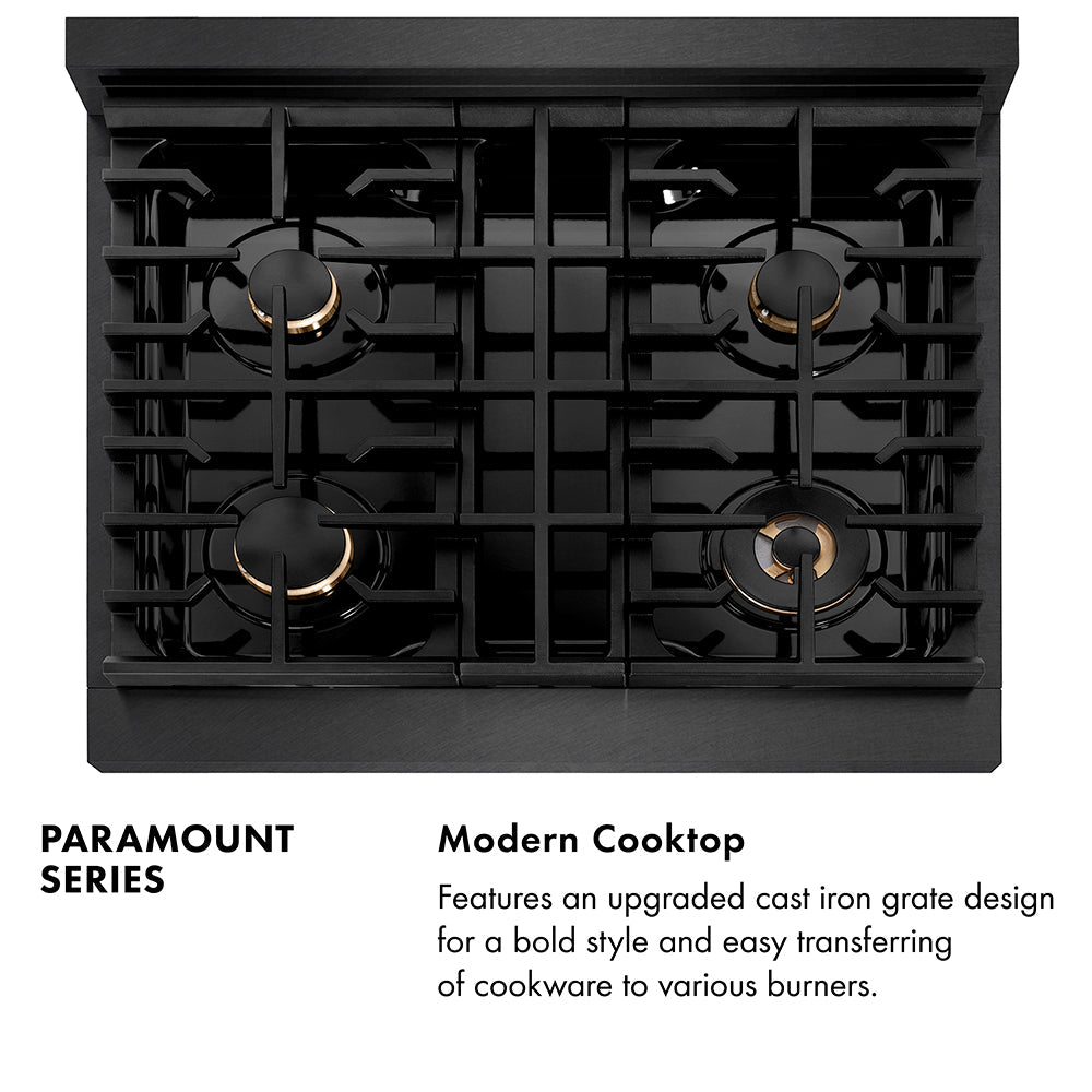 ZLINE 30 in. 4.2 cu. ft. Paramount Dual Fuel Range with Gas Cooktop and Electric Convection Oven in Black Satin Stainless Steel with 4 Brass Burners (SDRBS-BR-30)