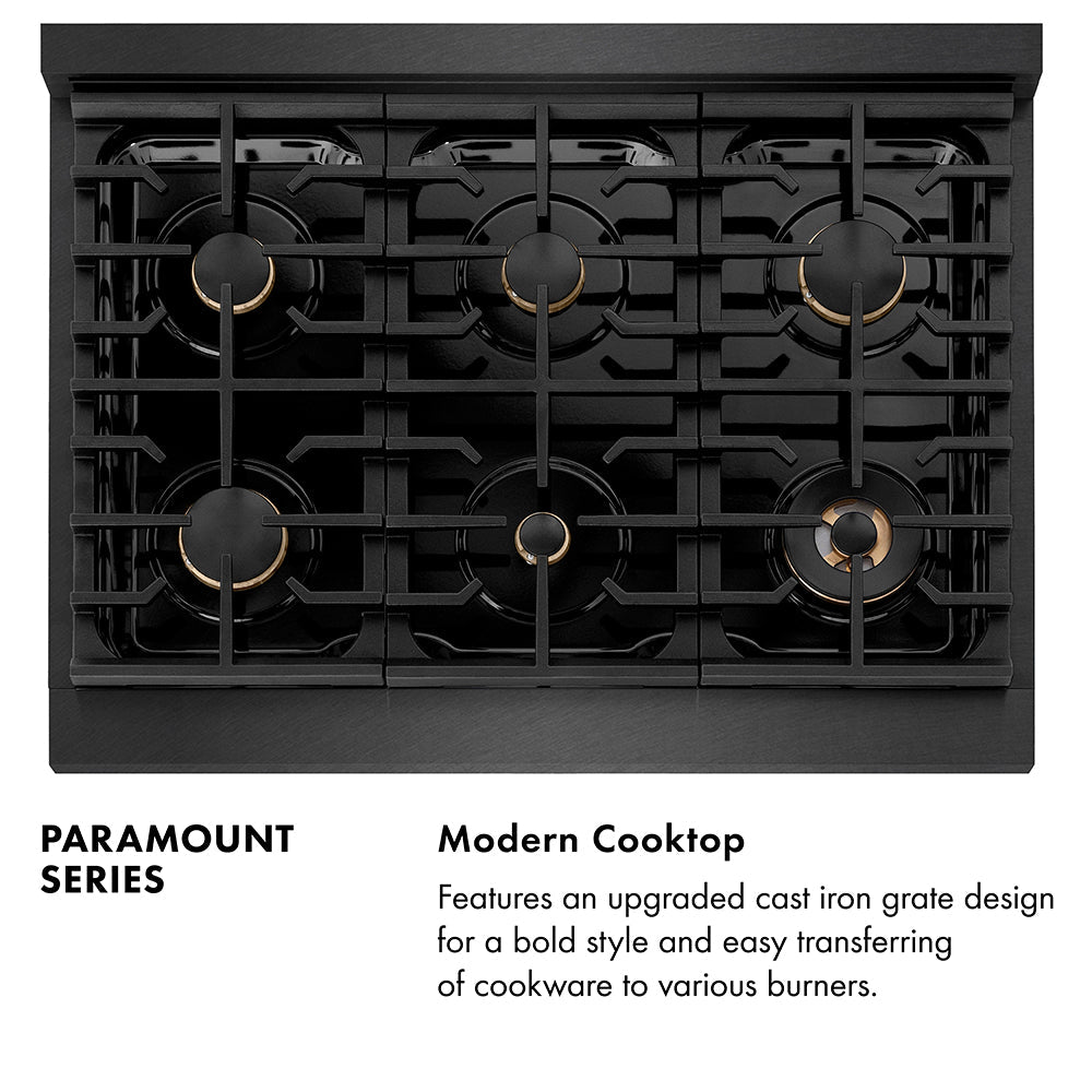 ZLINE 36 in. 5.2 cu. ft. Paramount Dual Fuel Range with Gas Cooktop and Electric Convection Oven in Black Satin Stainless Steel with 6 Brass Burners (SDRBS-BR-36)