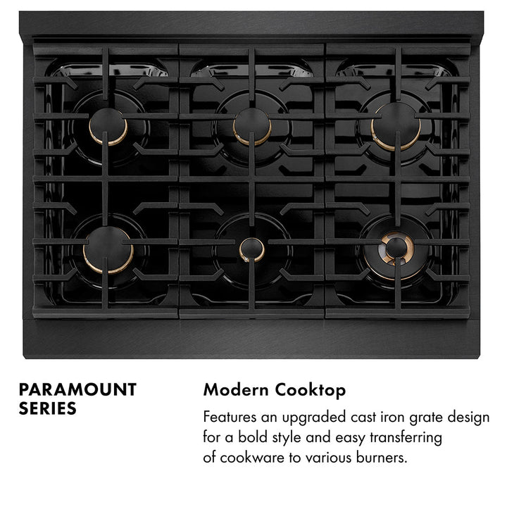 ZLINE 36 in. 5.2 cu. ft. Paramount Dual Fuel Range with Gas Cooktop and Electric Convection Oven in Black Satin Stainless Steel with 6 Brass Burners (SDRBS-BR-36)
