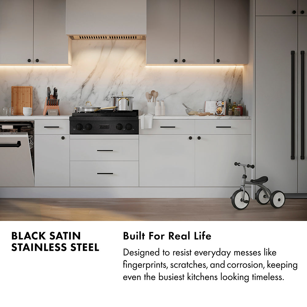 ZLINE 30 in. Paramount Gas Rangetop with 4 Burners and Porcelain Cooktop in Black Satin Stainless Steel (SRTBS-30)