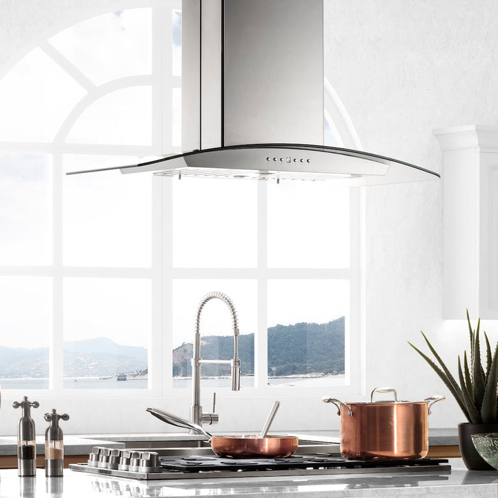 ZLINE 30 in. Convertible Vent Island Mount Range Hood in Stainless Steel &amp; Glass, Handle Open Box-Excellent Condition