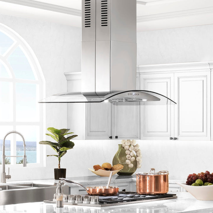 ZLINE 30 in. Convertible Vent Island Mount Range Hood in Stainless Steel &amp; Glass, Handle Open Box-Excellent Condition