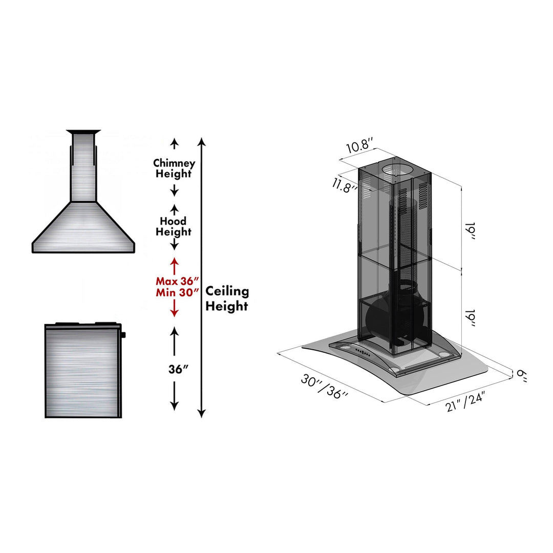 ZLINE 36" Convertible Vent Island Mount Range Hood in Stainless Steel &amp; Glass (GL9i-36)