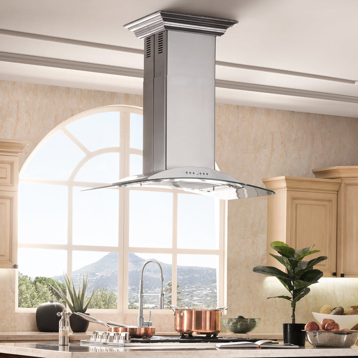 ZLINE 36" Convertible Vent Island Mount Range Hood in Stainless Steel &amp; Glass (GL9i-36)