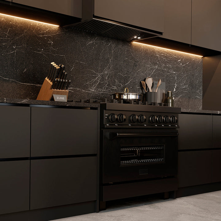 ZLINE 36 in. 4.6 cu. ft. Legacy Dual Fuel Range with Gas Cooktop and Electric Convection Oven in Black Stainless Steel with 6 Brass Burners, Open Box-Excellent Condition