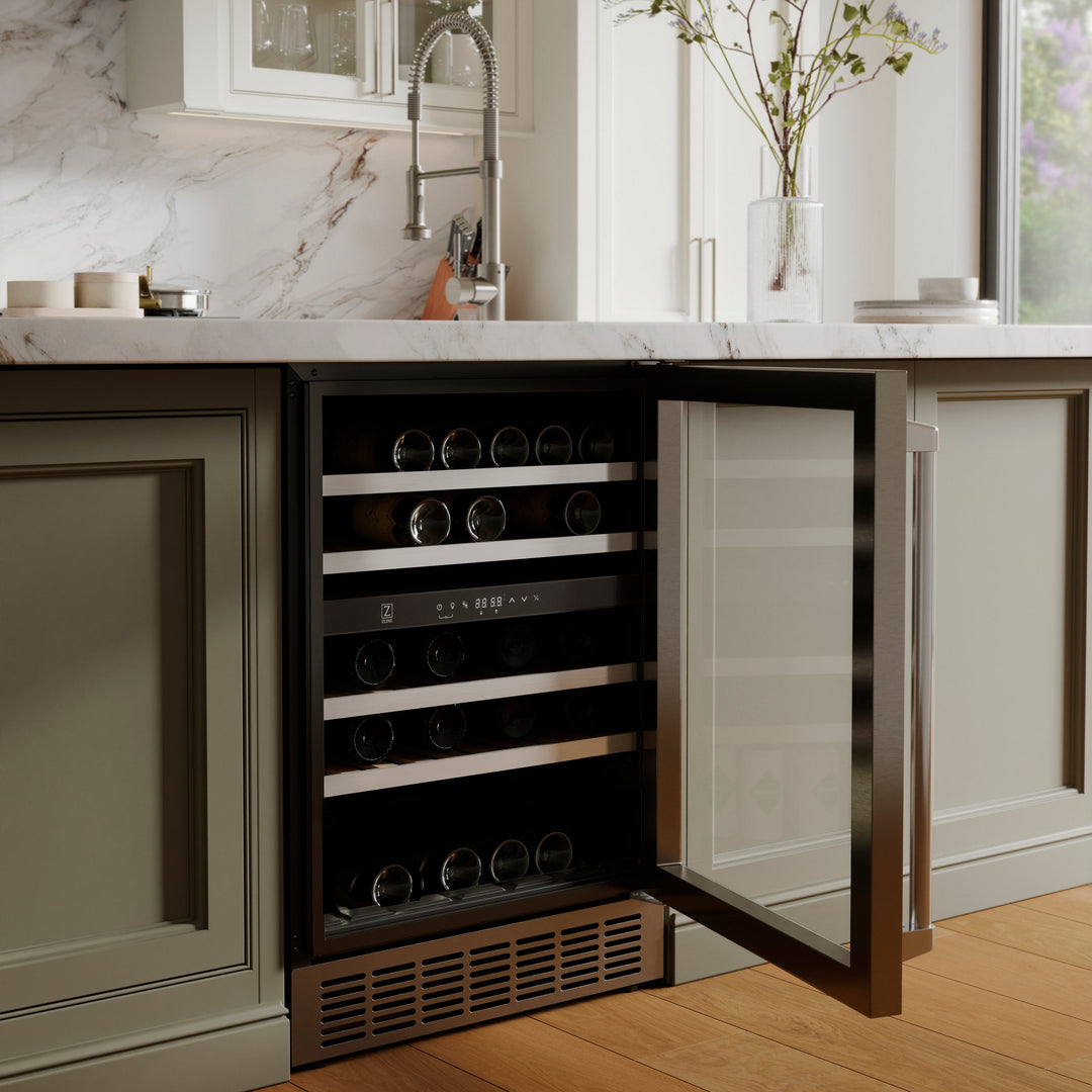 ZLINE 24 in. Monument Dual Zone 44 Bottle Wine Cooler with Wood Shelves in Stainless Steel, Open Box-Excellent Condition