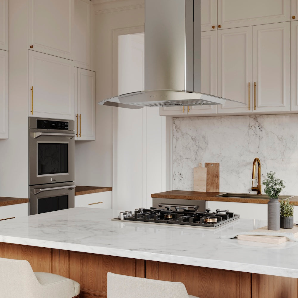 ZLINE 30 in. Convertible Vent Island Mount Range Hood in Stainless Steel &amp; Glass, Handle Open Box-Excellent Condition