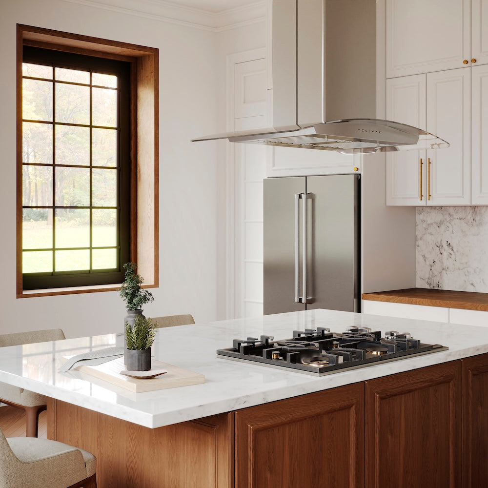 ZLINE 30 in. Convertible Vent Island Mount Range Hood in Stainless Steel &amp; Glass, Handle Open Box-Excellent Condition