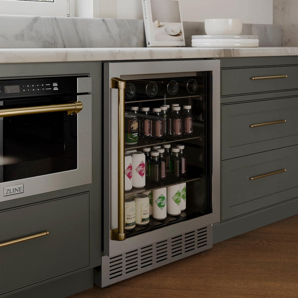 ZLINE Autograph Edition 24 in. Monument 154 Can Beverage Fridge in Stainless Steel with Champagne Bronze Accents (RBVZ-US-24-CB)