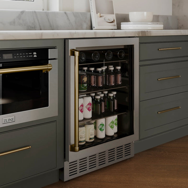 ZLINE Autograph Edition 24 in. Monument 154 Can Beverage Fridge in Stainless Steel with Champagne Bronze Accents (RBVZ-US-24-CB)
