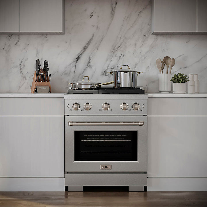 ZLINE 30 in. 4.2 cu. ft. Paramount Dual Fuel Range with 4 Burner DuoPro™ Cooktop and Electric Convection Oven in Satin Stainless Steel, Open Box-Excellent Condition