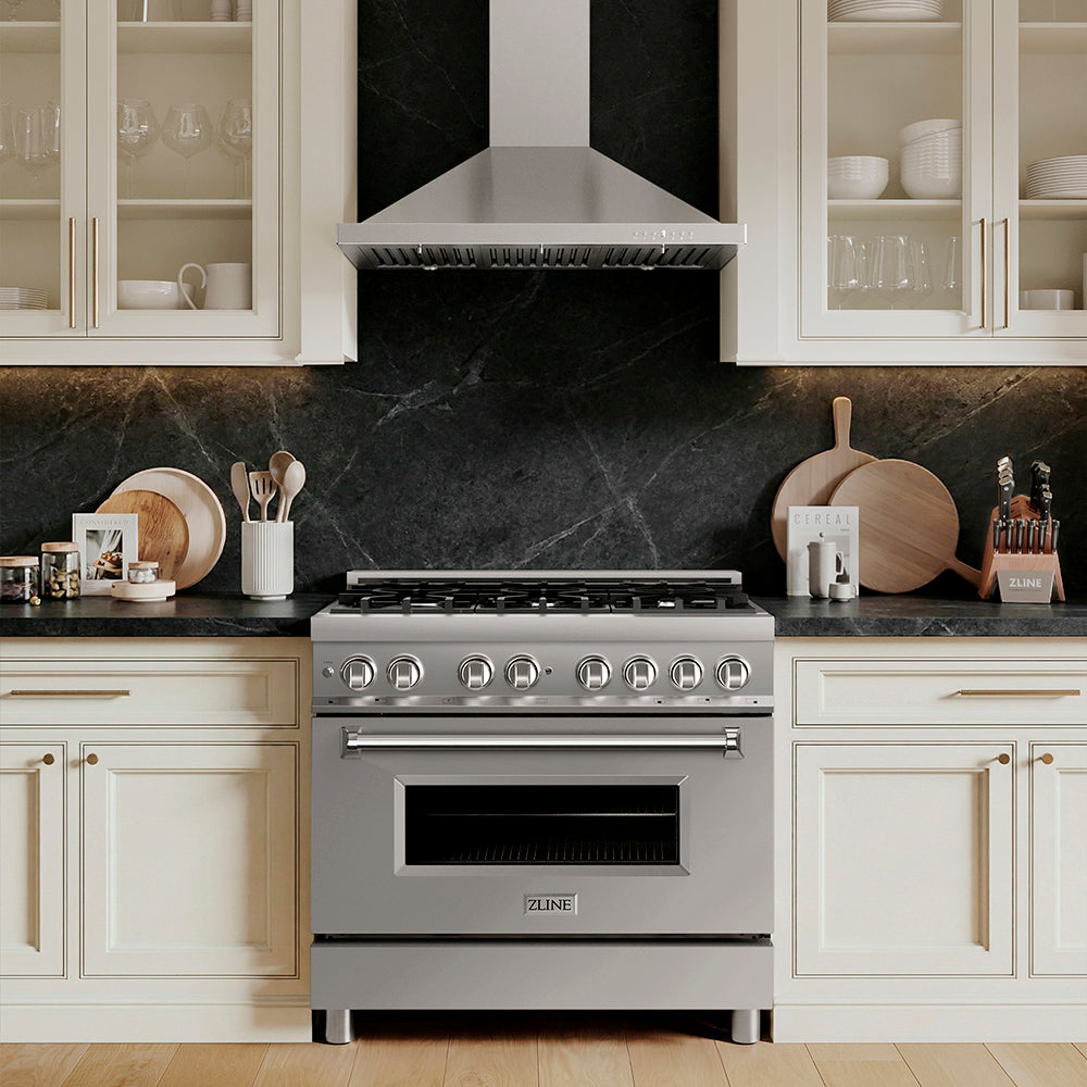 ZLINE 36 in. 4.6 cu. ft. Legacy Dual Fuel Range with 6 Burner Gas Cooktop and Electric Convection Oven in Stainless Steel, Open Box-Good Condition