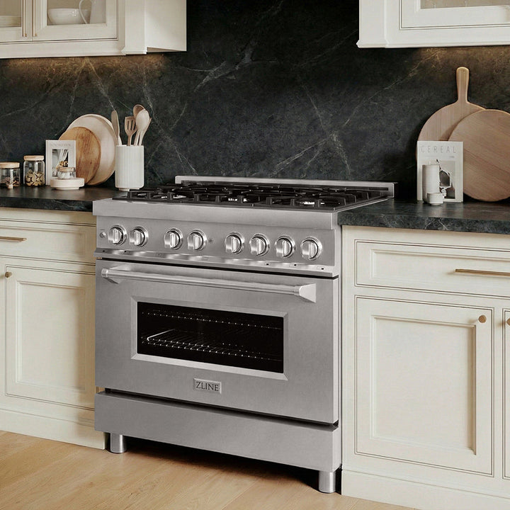 ZLINE 36 in. 4.6 cu. ft. Legacy Dual Fuel Range with 6 Burner Gas Cooktop and Electric Convection Oven in Stainless Steel, Open Box-Excellent Condition