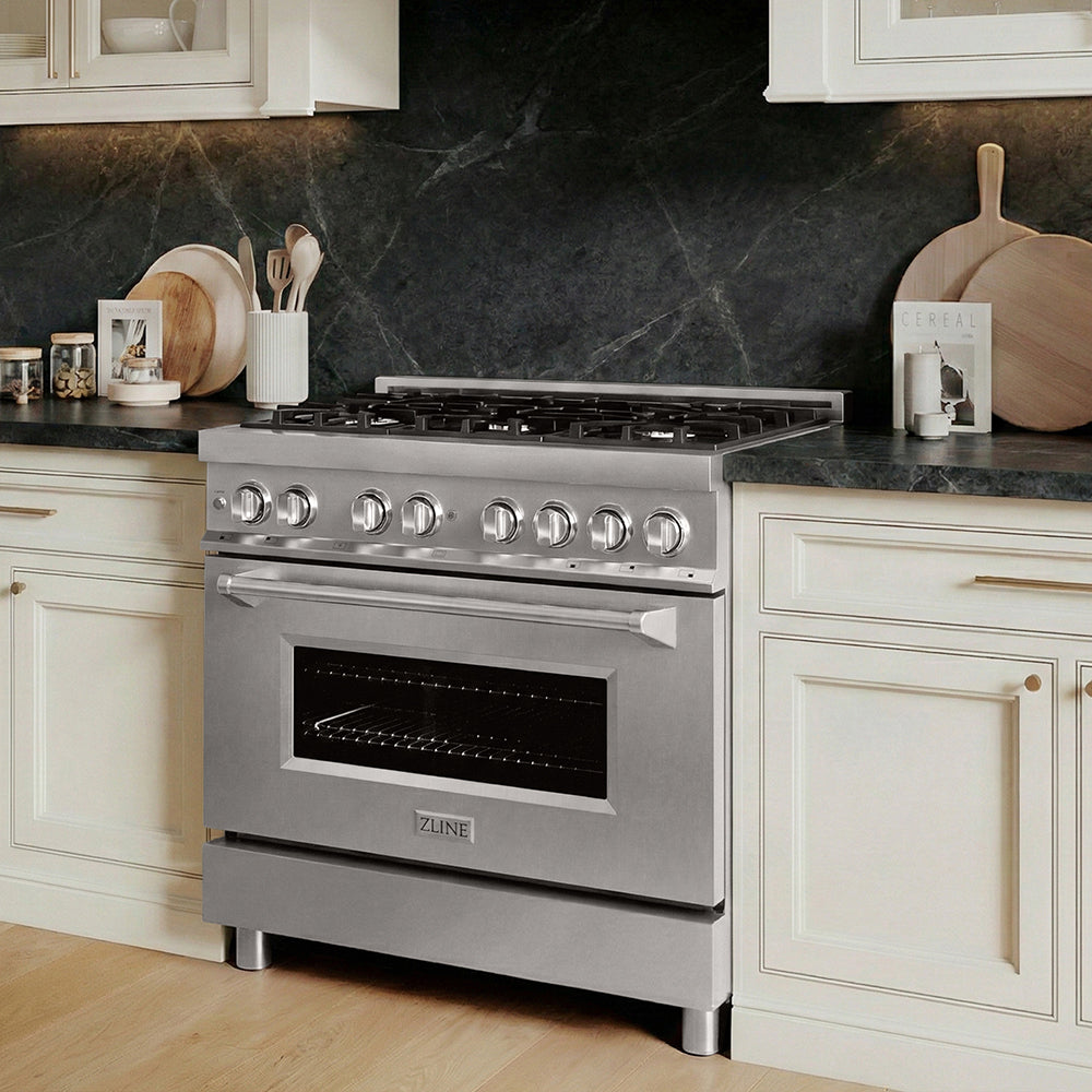 ZLINE 36 in. 4.6 cu. ft. Legacy Dual Fuel Range with 6 Burner Gas Cooktop and Electric Convection Oven in Stainless Steel, Open Box-Good Condition