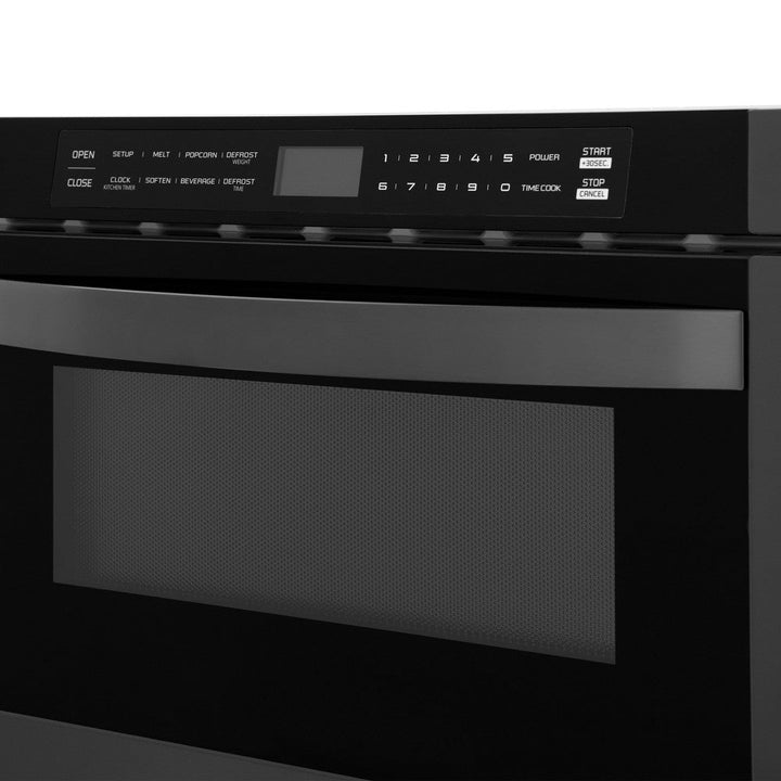 ZLINE Kitchen Package with Black Stainless Steel Refrigerator, 36 in. Dual Fuel Range, 36 in. Range Hood, Microwave Drawer, and 24 in. Tall Tub Dishwasher (5KPR-RABRH36-MWDWV)