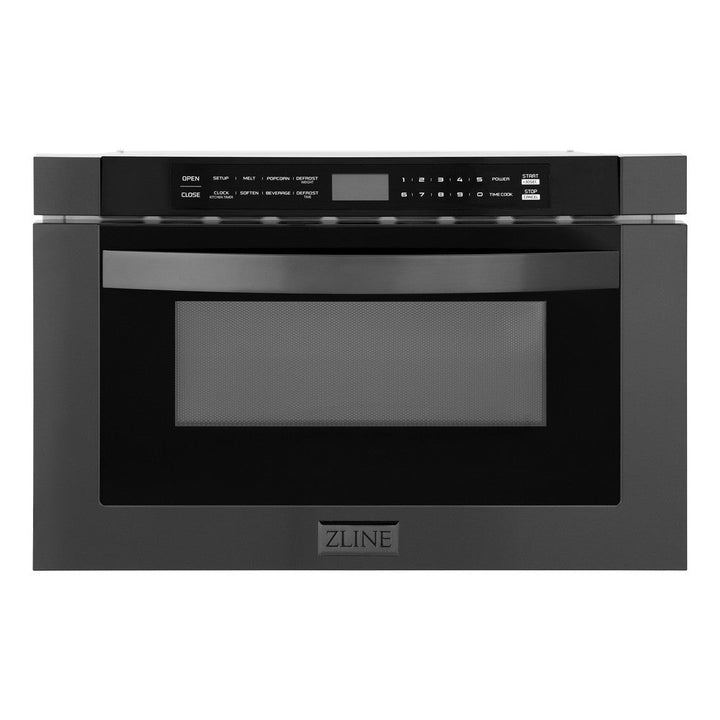 ZLINE Kitchen Package with Black Stainless Steel Refrigerator, 36 in. Dual Fuel Range, 36 in. Range Hood, Microwave Drawer, and 24 in. Tall Tub Dishwasher (5KPR-RABRH36-MWDWV)