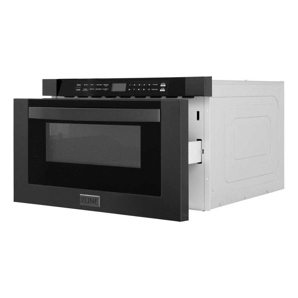 ZLINE Kitchen Package with Black Stainless Steel Refrigerator, 36 in. Dual Fuel Range, 36 in. Range Hood, Microwave Drawer, and 24 in. Tall Tub Dishwasher (5KPR-RABRH36-MWDWV)