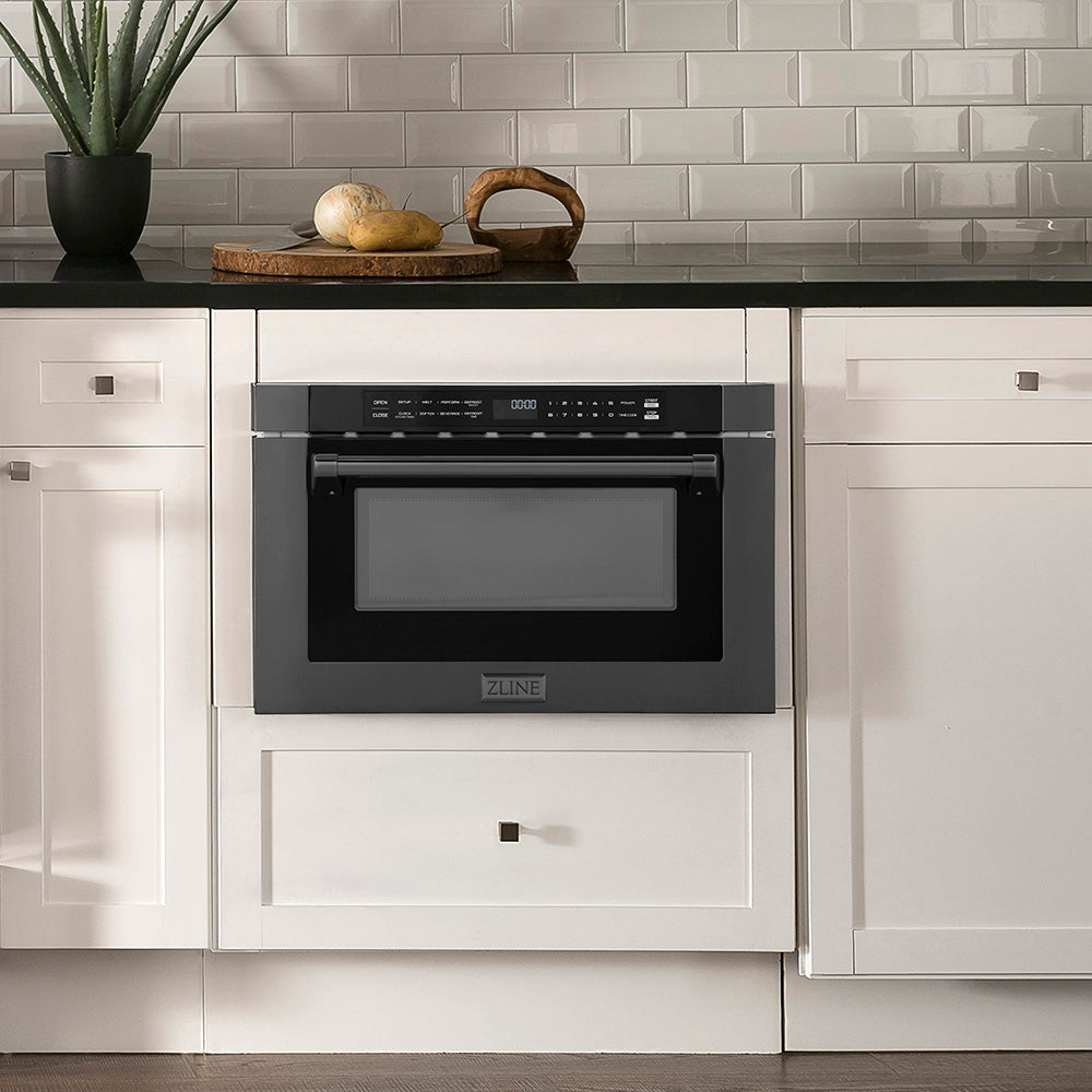 ZLINE 24 in. 1.2 cu. ft. Built-in Microwave Drawer with a Traditional Handle in Black Stainless Steel, Open Box-Good Condition